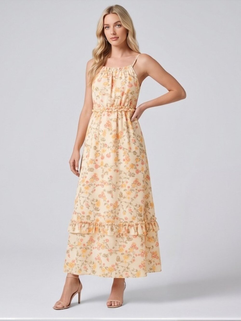Floral Cami Maxi Dress | Ruffle Waist Tiered Sundress Light Yellow